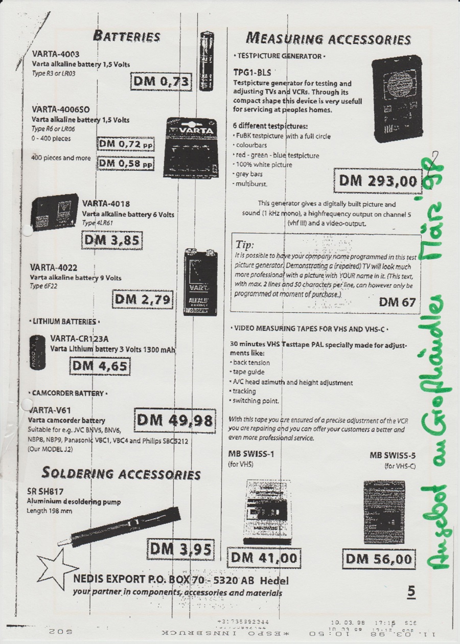 Angebot an Großhändler März 1998